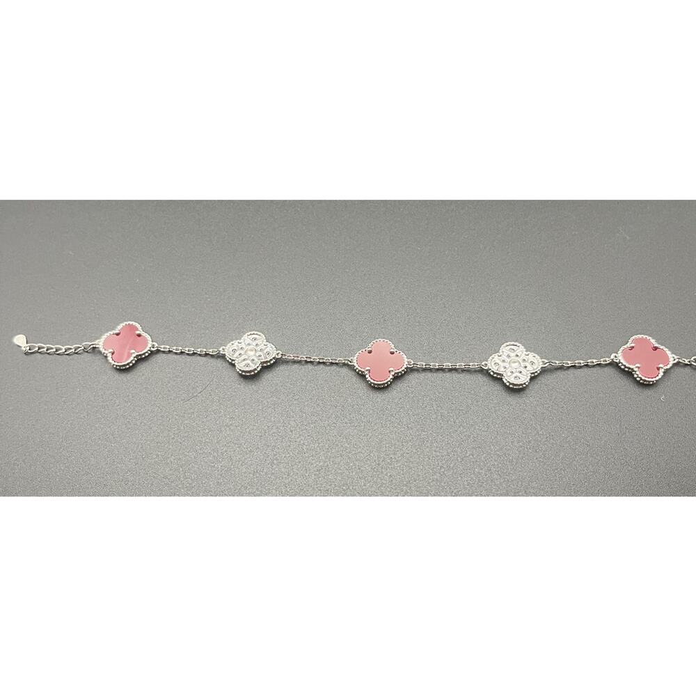 8" Silver Clover Bracelet with Deep Red Enamel & Crystal Details